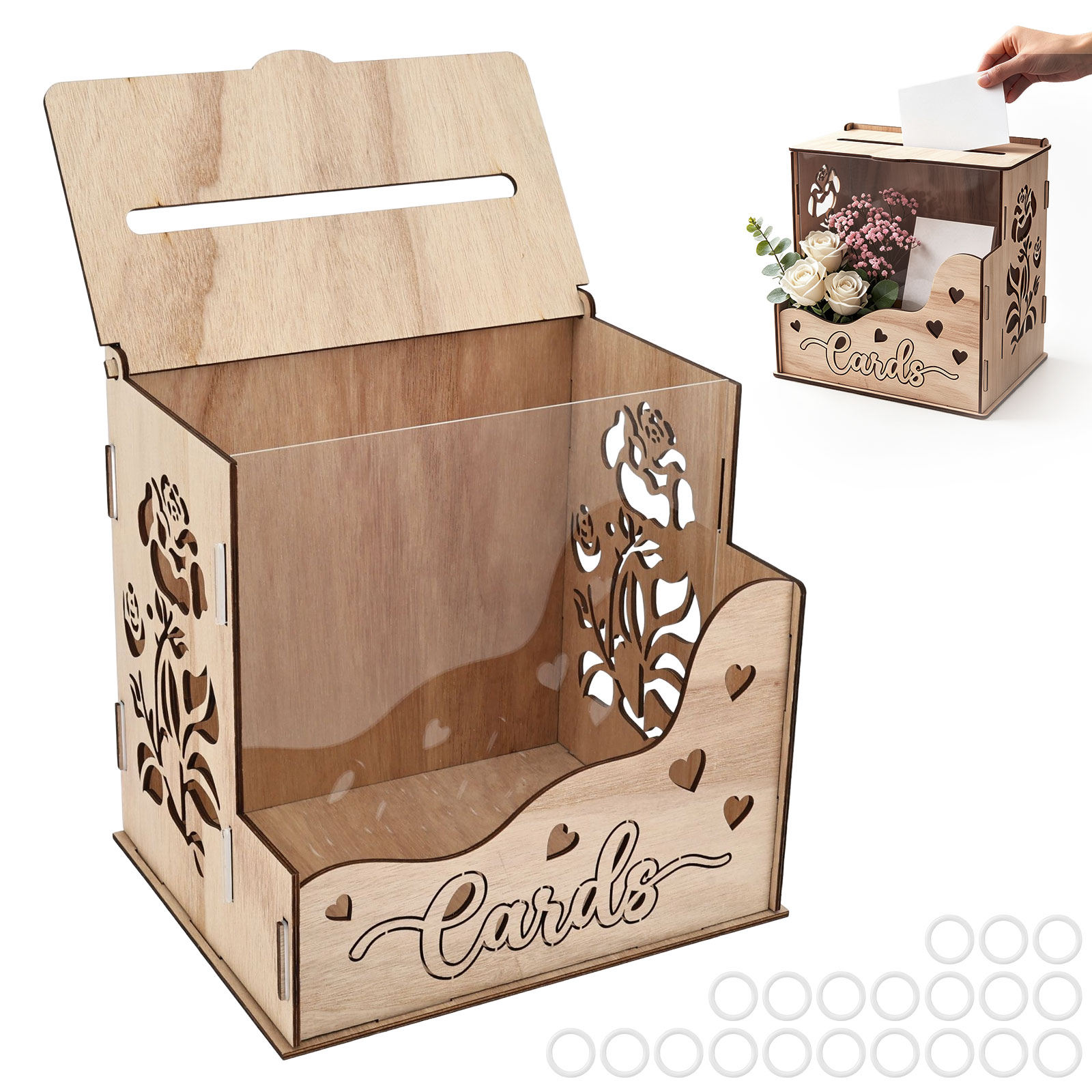 Wedding Card Box - 木製パーティーカードボックス アクリル窓とフラワートラフ付き 結婚式 誕生日 宴会 招待状収納