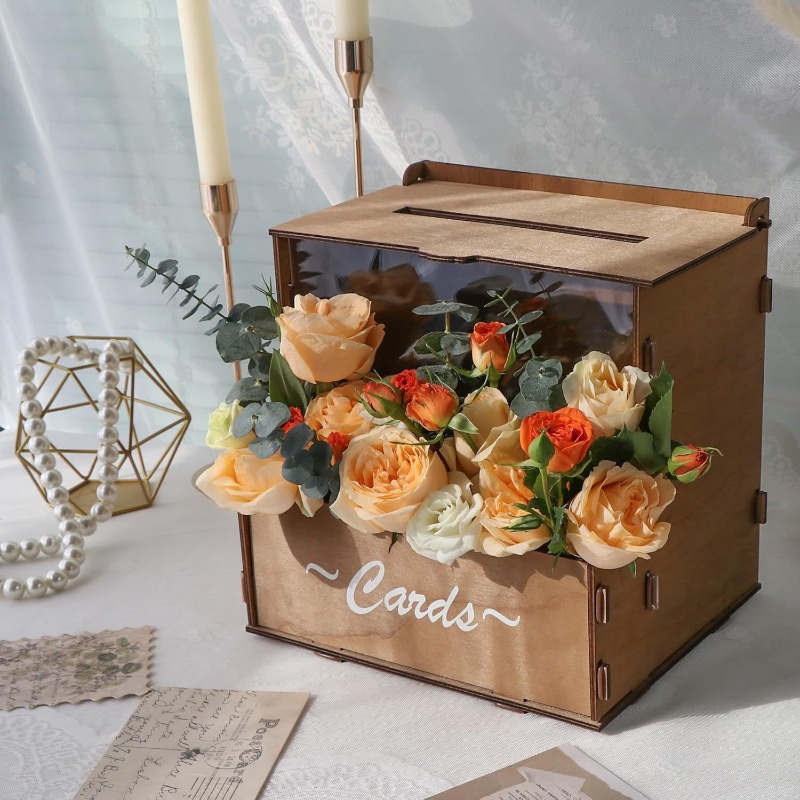 Wedding Card Box - DIY木製ウェディングカードボックス収納オーガナイザー、結婚式の手紙ホルダー、ヴィンテージ封筒、フラワートラフ、記念品、イベント用