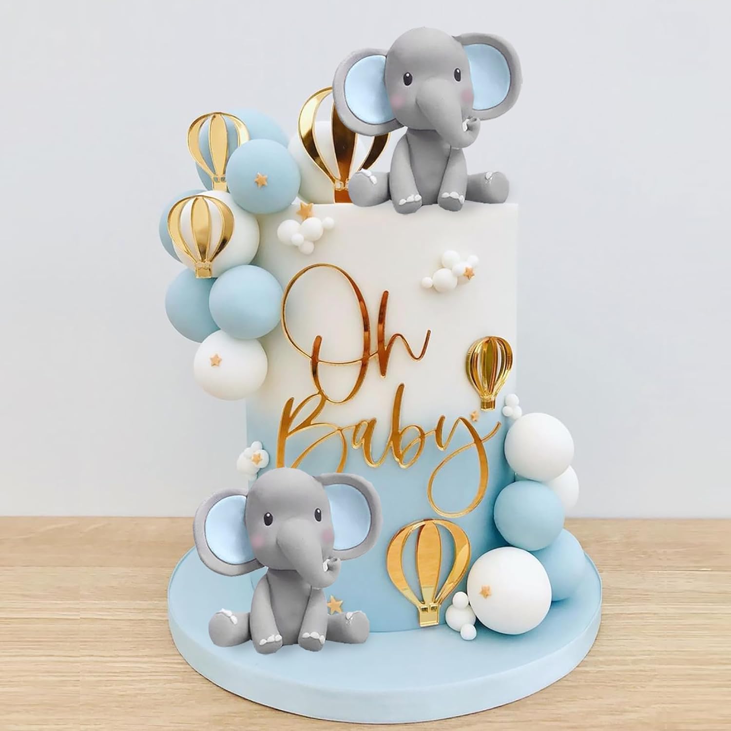 Confetti Balloon Set - 象のケーキデコレーション ベビーケーキトッパー 青白のパールボール 熱気球 ベビーシャワー 象のテーマ