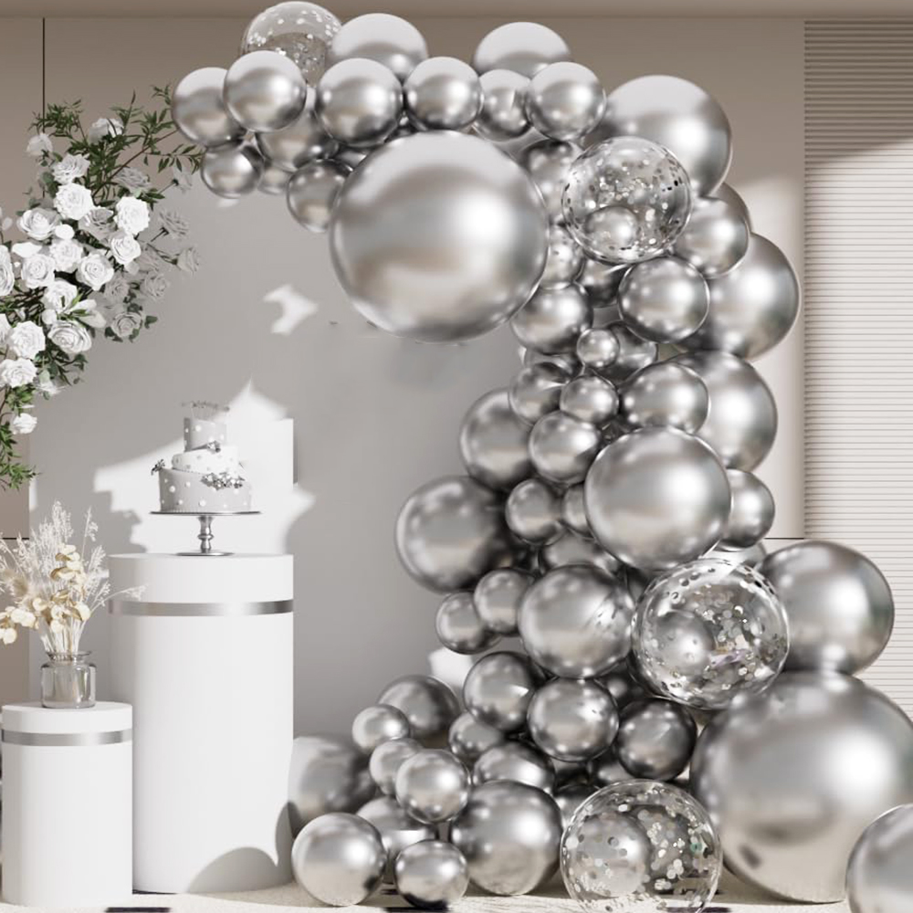 Confetti Balloon Set - 68個入り メタリックシルバーバルーンガーランドアーチキット クロムシルバーコンフェッティラテックスバルーン 卒業式 結婚式 誕生日パーティーデコレーション
