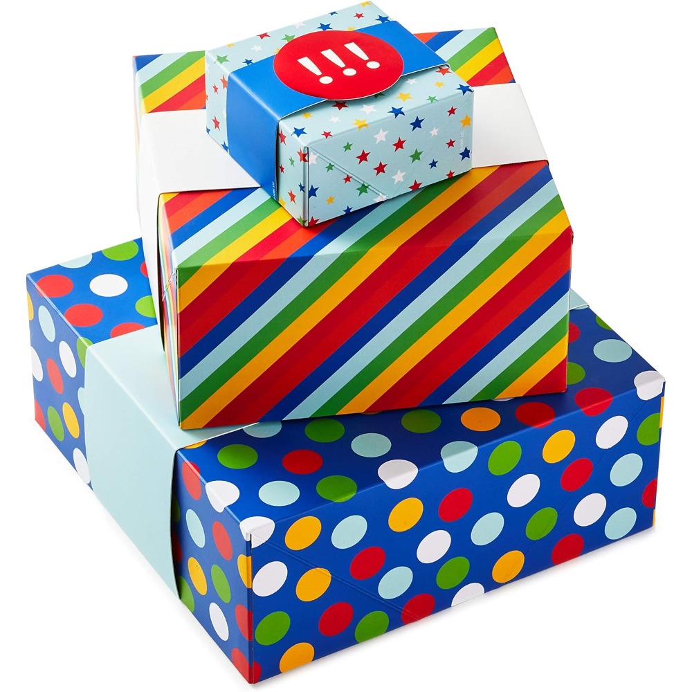 Wedding Packaging - カラフルなギフトボックス、様々なサイズ、レインボーストライプ、ドット、星柄、誕生日、結婚式、卒業式、ベビーシャワー、パーティー、あらゆる機会に、お菓子やクッキーの包装に。