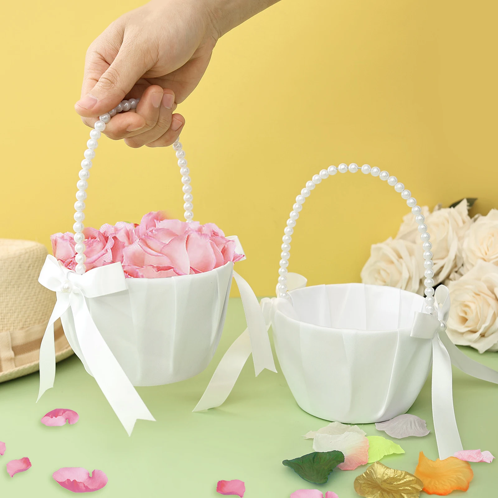 Wedding Ceremony Supply - 2個セット ウェディングフラワーガールバスケット 蝶結びサテン ウェスタンラスティック風 フェイクパールハンドル付き 花嫁/子供用