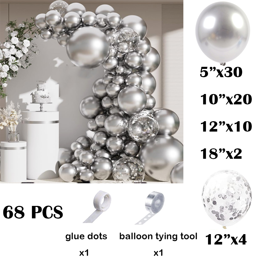 68個入り メタリックシルバーバルーンガーランドアーチキット - Confetti Balloon Set のレビューと価格